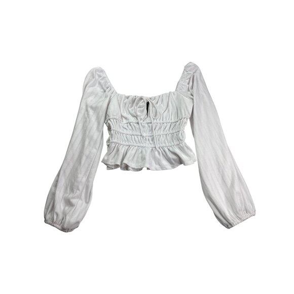 Forever 21 Smocked Cropped Peasant Top S Keyhole Tie Front White Festival Boho - Picture 1 of 6